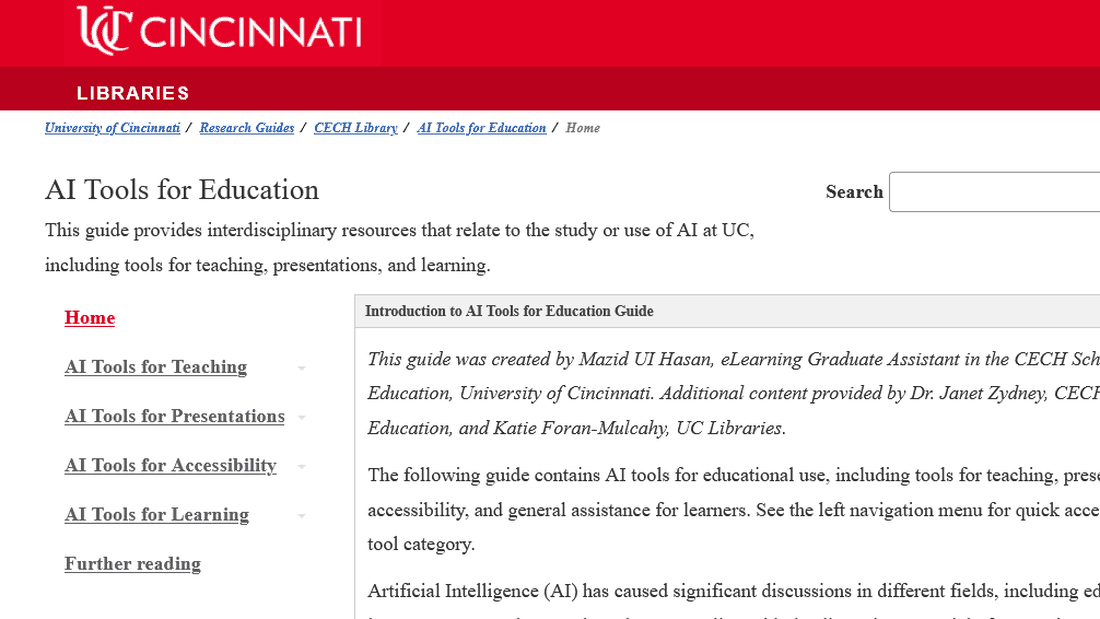 The AI Tools for Education guide on the University of Cincinnati Libraries site